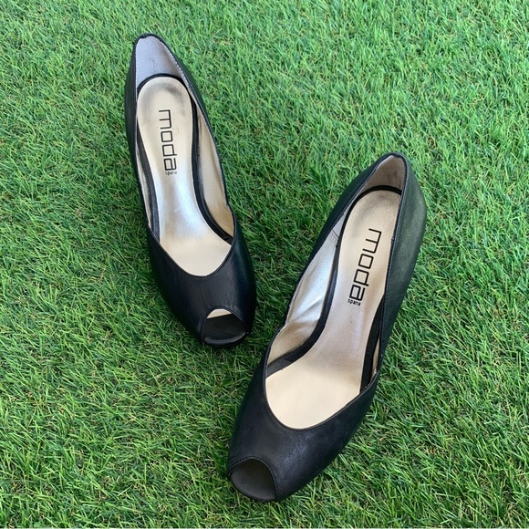 Moda Size 7.5 Black Open Toed 4 Inch Wedges - Picture 1 of 14